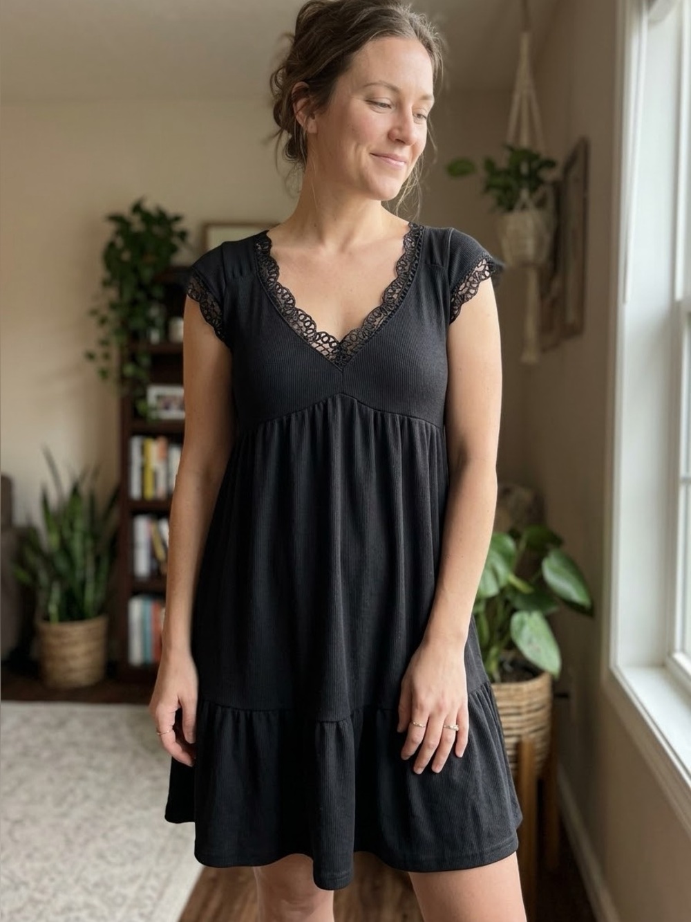 Umgee Black Lace-Trim V-Neck Sleep Dress